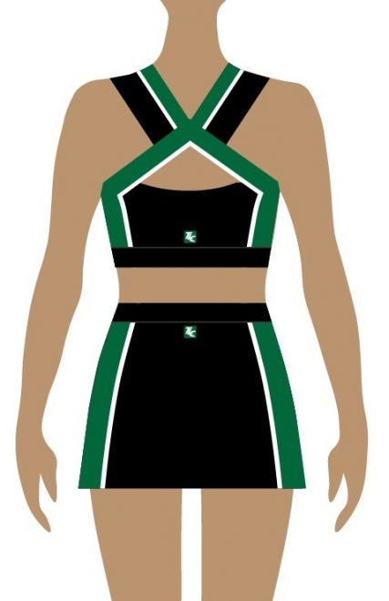 Back of green and black cheerleading unifrom