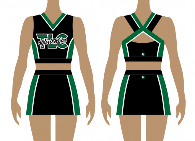 Front and back of green and black cheerleading uniform, tank top