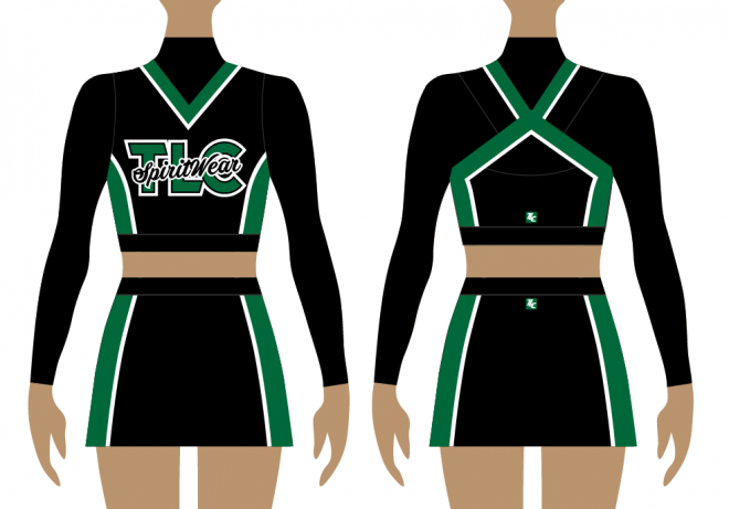 Front and back of green and black cheerleading uniform, long sleeve